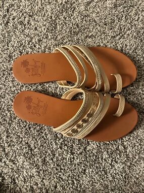 Beaded Multi-Strap Tan Slide Sandals